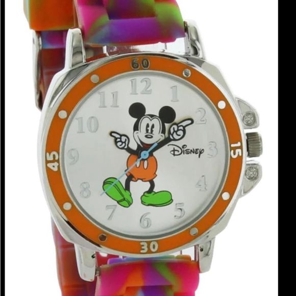 Disney Kids' MK1191 Mickey Mouse Silver-Tone Watch with Tie-Dye Rubber Strap - Picture 1 of 8